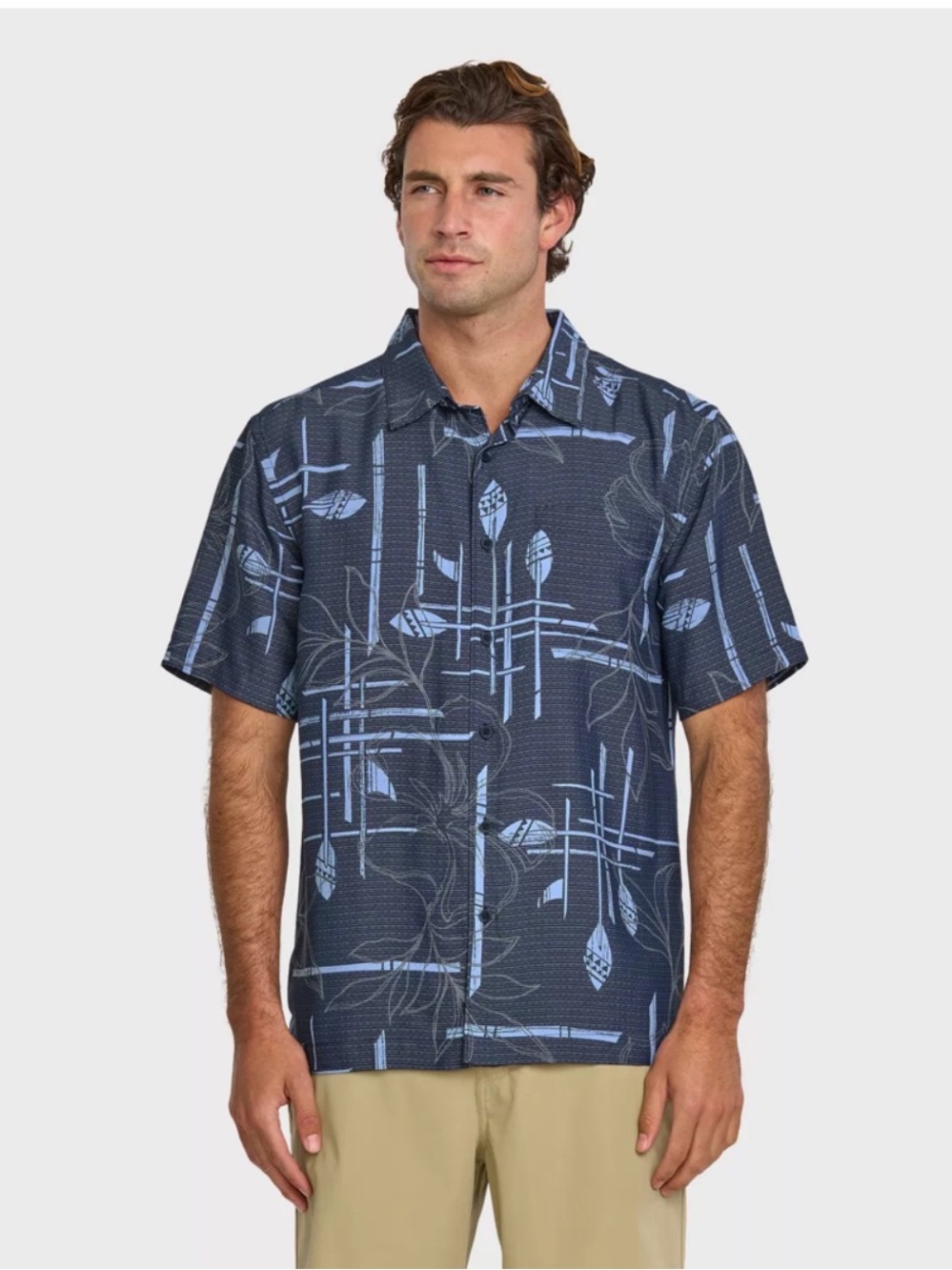 Quiksilver Navy Short-Sleeve Button Down with Light Blue Print